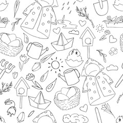 spring set of doodle elements - raincoat, umbrella, rubber boots, scarf, paper boat, flowers, snowdrops, chickens, nest birdhouse, vector seamless pattern