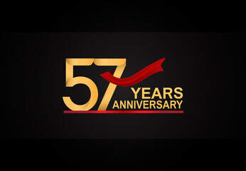57 years anniversary design with red ribbon and golden color isolated on black background for celebration moment