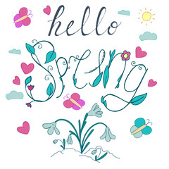 vector childrens illustration in doodle style - hello spring