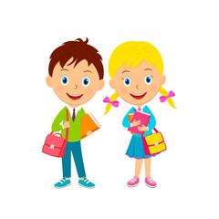 cute cartoon boy and girl with books and bags