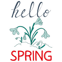 vector childrens illustration in doodle style - hello spring, cute lettering