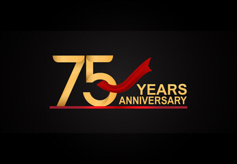 75 years anniversary design with red ribbon and golden color isolated on black background for celebration moment