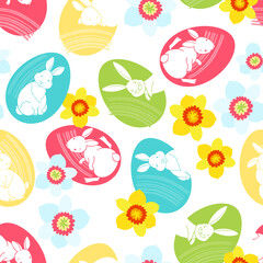 Easter background. Vector. Seamless patternwith colorful Easter eggs , cute rabbits and daffodils on white. Perfect for design templates, wallpaper, wrapping, fabric and textile.