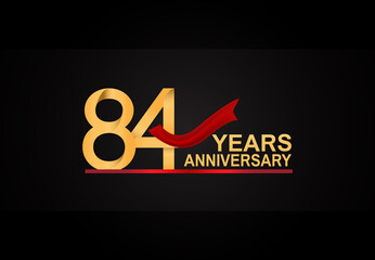 84 years anniversary design with red ribbon and golden color isolated on black background for celebration moment