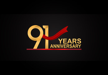 91 years anniversary design with red ribbon and golden color isolated on black background for celebration moment - obrazy, fototapety, plakaty
