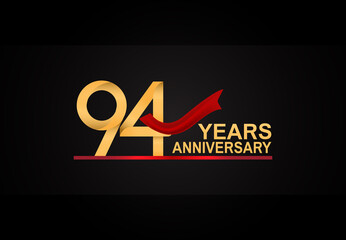 94 years anniversary design with red ribbon and golden color isolated on black background for celebration moment