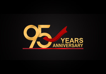 95 years anniversary design with red ribbon and golden color isolated on black background for celebration moment