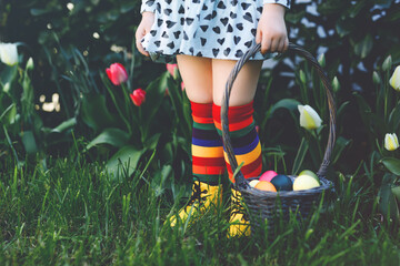Close-up of legs of toddler girl with colorful stockings and shoes and basket with colored eggs. Child having fun with traditional Easter eggs hunt, outdoors. Celebration of christian holiday.