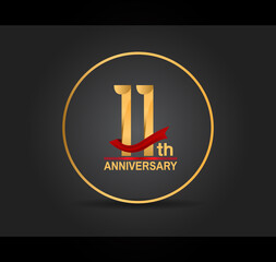 11 anniversary design golden color with ring and red ribbon isolated on black background for celebration moment