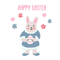 Obraz na płótnie Canvas Easter greeting card with smiling little girl rabbit or bunny with an Easter egg and flowers. She is wearing blue dress. Hand drawn vector illustration and lettering isolated on white.