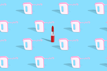 . Creative idea. Lipstick and kitchen mixer on a blue uniform background. Pattern. Fashion or homework.