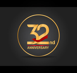 Obraz premium 32 anniversary design golden color with ring and red ribbon isolated on black background for celebration moment