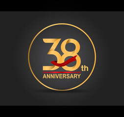 38 anniversary design golden color with ring and red ribbon isolated on black background for celebration moment