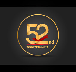 52 anniversary design golden color with ring and red ribbon isolated on black background for celebration moment