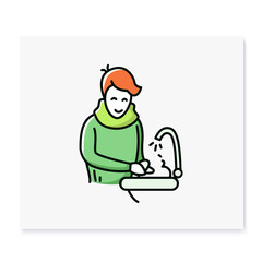 Hand washing character color icon.Virus prevention concept.Person washing hands with soap and water.Isolated vector illustration