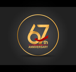 67 anniversary design golden color with ring and red ribbon isolated on black background for celebration moment