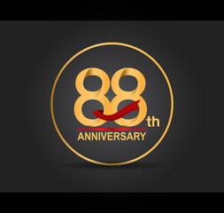 88 anniversary design golden color with ring and red ribbon isolated on black background for celebration moment