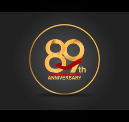 89 anniversary design golden color with ring and red ribbon isolated on black background for celebration moment