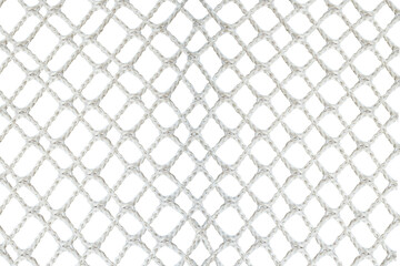 Old hemp fishing net against a white background.