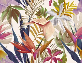 Papier Peint photo Feuilles tropicales Arrière-plan harmonieux de fleurs, de plantes et de feuilles tropicales. Fleurs de la jungle d& 39 Hawaï