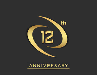 12 years anniversary logo style with swoosh ring golden color isolated on black background for celebration moment