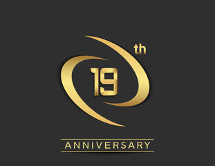 19 years anniversary logo style with swoosh ring golden color isolated on black background for celebration moment