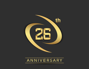 Obraz premium 26 years anniversary logo style with swoosh ring golden color isolated on black background for celebration moment