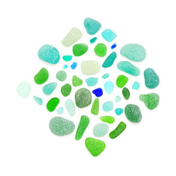 sea glass mosaic, pieces of sea glass isolated on white background