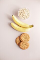 Banana and oatmeal, healthy baking concept. Biscuits