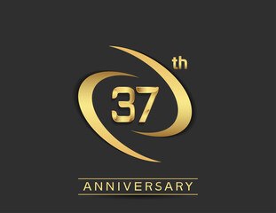 37 years anniversary logo style with swoosh ring golden color isolated on black background for celebration moment