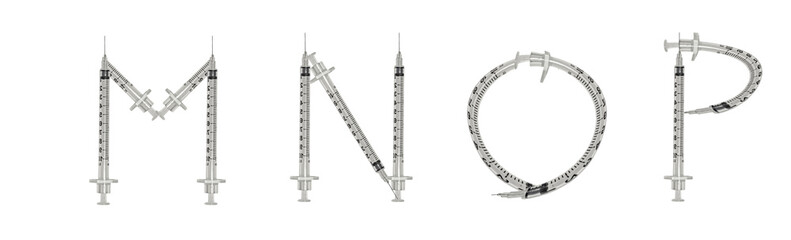 Letters M, N, O, P made from medical syringes..... 