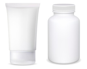Pill bottle. Cosmetic cream tube mockup. Pill jar blank. Pharmacy medicament container on white background. Supplement bottle isolated. Medicine ointment tube clear design, 3d, front
