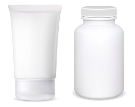 Pill bottle. Cosmetic cream tube mockup. Pill jar blank. Pharmacy medicament container on white background. Supplement bottle isolated. Medicine ointment tube clear design, 3d, front