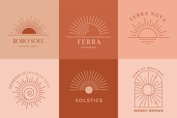 Bohemian linear logos, icons and symbols, sun design templates, terracotta geometric abstract design elements for decoration.  © Marina Zlochin