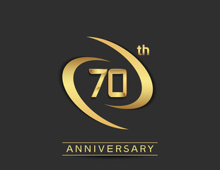 70 years anniversary logo style with swoosh ring golden color isolated on black background for celebration moment