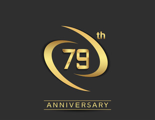 79 years anniversary logo style with swoosh ring golden color isolated on black background for celebration moment