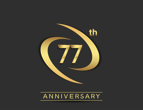 77 years anniversary logo style with swoosh ring golden color isolated on black background for celebration moment