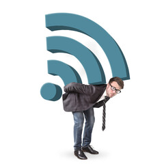 Man bending under a large wifi icon on his back