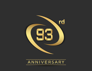 93 years anniversary logo style with swoosh ring golden color isolated on black background for celebration moment