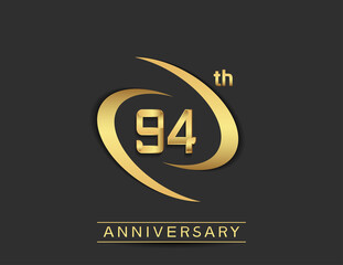 94 years anniversary logo style with swoosh ring golden color isolated on black background for celebration moment