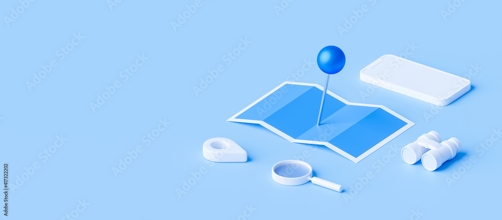 Poster isometric of map and location pin or navigation icon sign on blue background with search concept. 3d