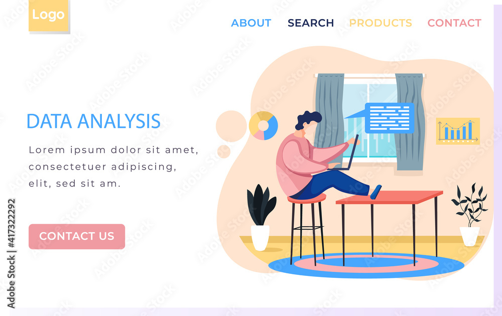 Poster data analysis landing page template man with laptop, businessman or clerk working at desk in home of