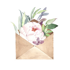 Envelope with white peony, green succulent and colorful leaves. Decorative watercolor illustration in vintage style, decor isolated on white background, romantic symbol, emblem spring and love.