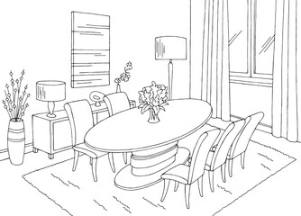 Dining room home interior graphic black white sketch illustration vector 