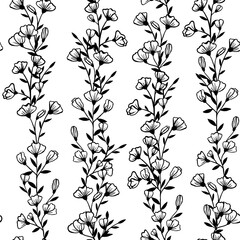 Botanical illustration of a seamless pattern on a white background. Isolated flowers, buds, leaves, branches are collected in a vertical ornament of blooming bouquets. Design for fabric, paper.