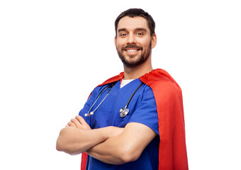 healthcare, profession and medicine concept - happy smiling doctor or male nurse in blue uniform and red superhero cape with stethoscope over white background © Syda Productions