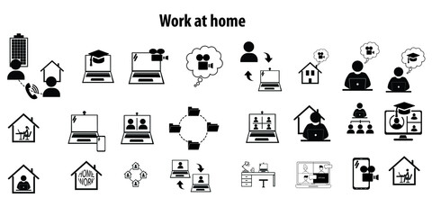 Work from home icon set. Included icons as self quarantine, stay home, working, online, video conference, office and more.