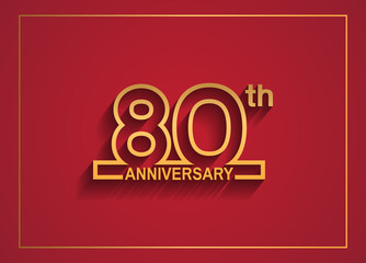 80 anniversary design with simple line style golden color isolated on red background