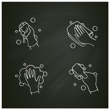 Surface wiping chalk icons set.Housekeeper hand pictogram collection. Wet cleaning with sponge, brush, napkin.Housekeeping and surface disinfection concept. Isolated vector illustrations on chalkboard