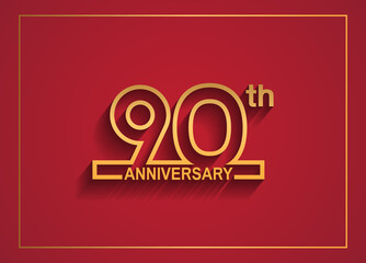 90 anniversary design with simple line style golden color isolated on red background